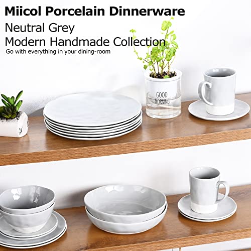 Miicol Porcelain Dinner Plates Set Of 6, 10 Inch Large Ceramic Serving Dishes, Wavy Rim & Hammered Surface Style, Modern Handmade Look Dinnerware Collection, Neutral Grey #TOP6