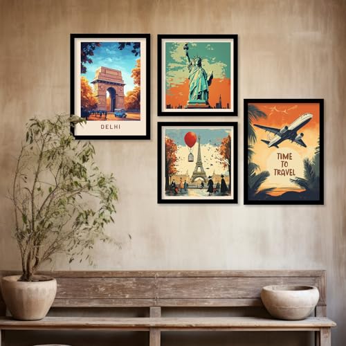Image of kotart Modern Art City Vibes Wall Decor - Retro Travel Theme Wall Poster with Frame for Room Office Living Room Hotel Home Decor - Photo Frames - Framed Posters / Paintings Set of 8 (Art 2, Small(10x13 or 10x10 inch), Framed)