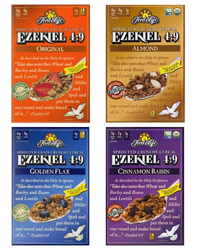 Food For Life Ezekiel 4:9 Organic Sprouted Whole Grain Cereal Variety Pack, Original, Cinnamon Raisin, Golden Flax And Almond, 16oz (4 Pack) In Sanisco Packaging