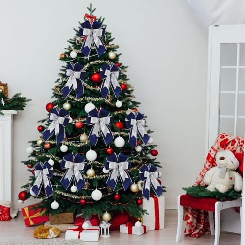 Lazos de terciopelo azul para árbol de Navidad y decoración de coronas en el hogar 7