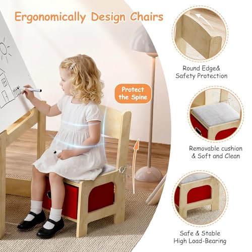 Image of EXPERLAM Kids Table and 2 Chairs Set, Wooden Toddler Activity Table with Adjustable Drawing Tabletop, Safety Hinges, Storage Drawers &Bookshelf for Playroom, Nursery, Ages 1-6, Burlywood