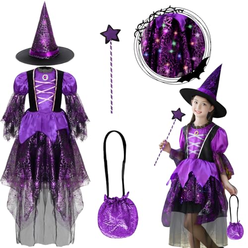 VIPNAJI Disfarce de bruxa para menina, fato de Halloween para menina com chapéu de bruxa, vassoura de bruxas e cinto, disfarce de Halloween para 5-8 anos, para Halloweens, carnaval, aniversário, Natal