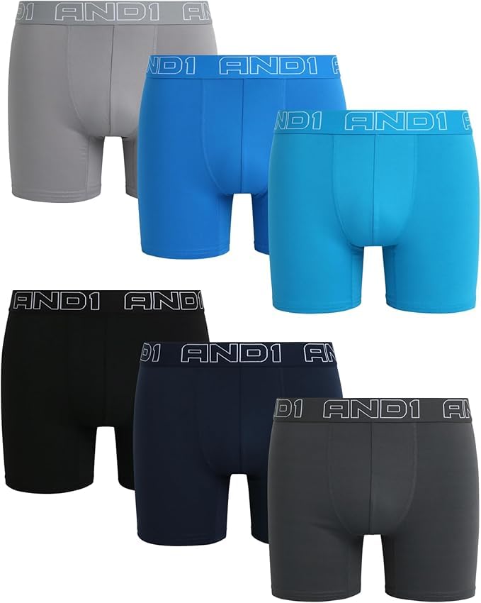 AND1 Mens Boxer Briefs - 6 Pack Sport Soft Performance Compression Underwear Boxers for Men with Contour Pouch