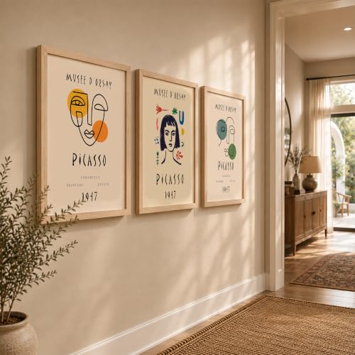 Image of NoWorries Abstract Art Wall Frame | Minimal Line Artwork Wall Paintings 300 GSM Premium Prints | Modern Museum Style Decor for Living Room, Bedroom & Office | Inspired Contemporary Abstract Synthetic Wooden Wall Art Frames (Set of-3) (NATURAL, ART-2, 21X31INCHES)