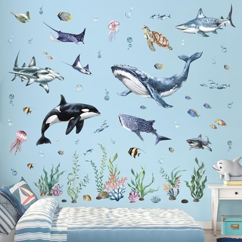 decalmile Stickers Muraux Sous la Mer Poisson Autocollant Mural Animaux Marins Baleines Requin Tortue Algues Décoration Murale Bébé Pépinière Chambre...