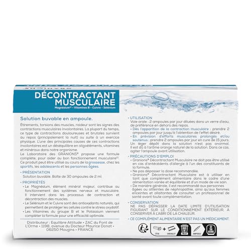 Décontractant Musculaire GRANIONS | Réduit les crampes, gênes, raideurs musculaires | Magnesium, Vitamine B, Cuivre, Selenium | Pour toute la famille | 30 ampoules | Fabriqué en France – Image 3