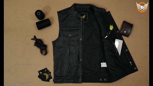 Leatherick - Gilet Motard En Cuir Véritable Pour Hommes - Style SOA Avec Boutons Et Fermeture éclair - 8 Poches - Taille Réglable