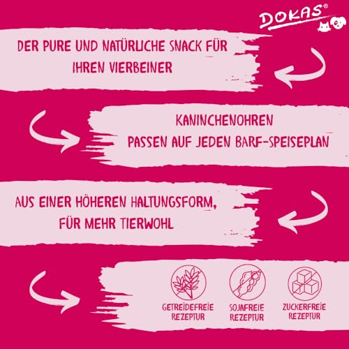DOKAS Kaninchenohren mit Fell – Getreidefreier Premium Natursnack für Hunde aus 100% Kaninchen – Kurz für kleine Hunde – 1 x 100 g