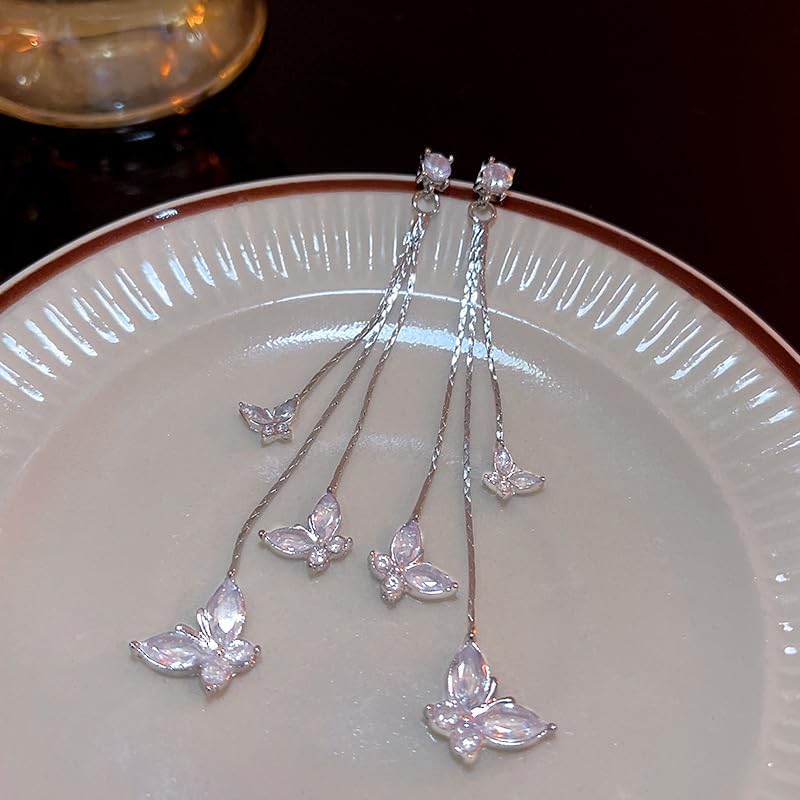 Butterfly Crystal Long Dangle Earrings with Cubic Zirconia – 18K Gold Plated Elegant Silver-Tone Drop Earrings for Women, Sparkling Statement Bridal Jewelry - Image 2