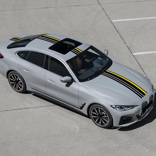 Image of TOMALL 2-Pc 85.8''x7'' Vinyl Racing Stripe Decals Sets for Car Hood Roof Trunk Auto Sports Stripe Graphics Modified Stickers for Vehicle SUV Off-Road DIY Exterior Decoration Accessories (Black /Yellow)