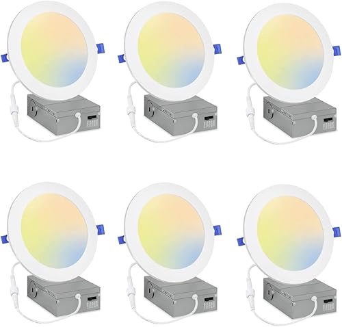 CRISAND Lámpara de techo empotrable LED de 6 pulgadas 5CCT Paquete de 6 luces de lata ultrafinas de 15 W, montaje empotrado con caja de conexiones,