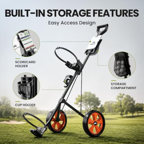 Image of 2-Wheel Golf Pull Cart - Lightweight Foldable Golf Push Cart with Durable Steel Frame, Adjustable Web Straps, Compact Design for Walking Golfers