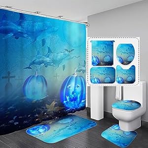 JOINSI 4 PCS Halloween Shower Curtain Set with Non-Slip Rug, Toilet Lid Cover and Bath Mat, Blue Whale Fish Scary Pumpkin Bathroom Decorations