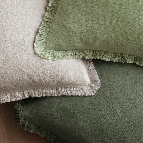 Image of MIULEE Decorative Throw Pillow Covers Neutral Linen Fringe Throw Pillows Set of 2 Rifle Green Boho Farmhouse Cushion Covers with Tassels for Couch Sofa Bed Living Room Spring Home Decor 18x18 Inch
