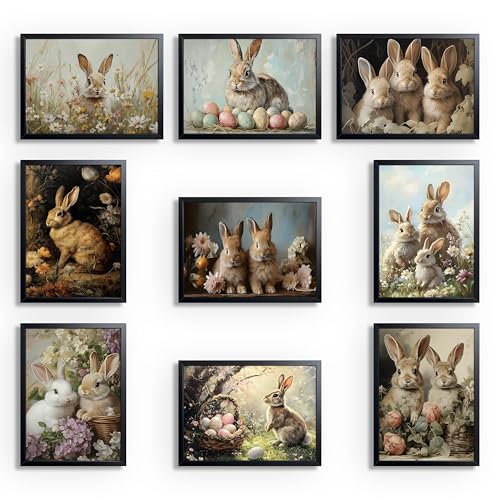 9 Pcs Easter Bunny Wall Art, Vintage Holiday Wall Decor Painting, Rabbit Canvas Poster Print Picture, Rustic Easter Egg Décor Oil Paintings, Home Decor Animals Artwork Prints 8''x10'' Unframed