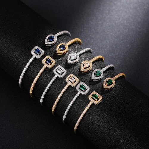 Sdouefos Moissanite Cuff Bangle Bracelet 925 Sterling Silver Teardrop Square Shape Diamond Bangle for Women Elegant Adjustable Sparkling Zircon Open Bangle Bracelet Silver White3