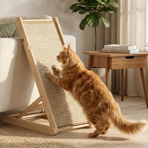 XiaZ Sisal Cat Scratcher 31 Wooden Cat Scratching Board with 5 Adjustable Heights Replaceable Sisal Mat and Angled Scratch Pad for Indoor Cats Ready to Use No Assembly Required