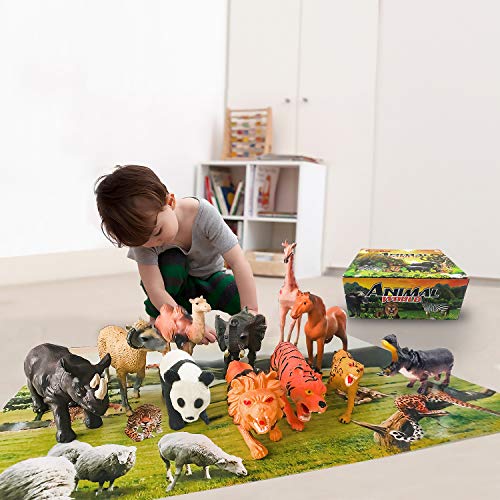 ToyerBee Safari Animals Toy, Varieties of Zoo, Jungle, African Animals of 12 Pcs, Educational Toys of Animal Figurines with a Map for Party Supplies, Great Gift Set for Kids & Toddlers of 3 Years up