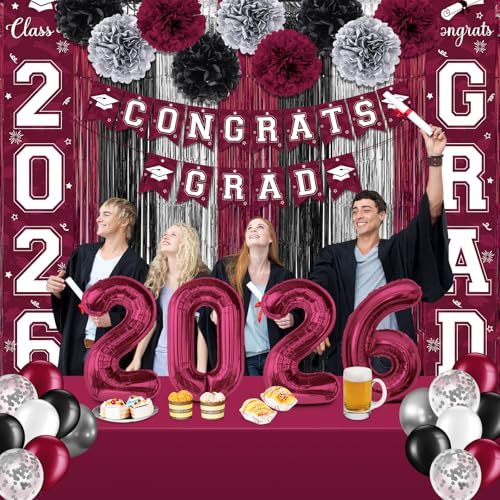 Image of Graduation Party Decorations Class of 2026, Graduation Decorations with Congrats Grad Banner Fringe Foil Curtain Paper Flower Ball Balloons for High School College Graduation Party Supplies, Maroon