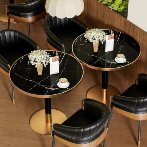 Image of 63 inch Tulip Table, Small Round Dining Table with 1.2 inch Thick Sintered Stone Tabletop and Golden Metal Pedestal Base, Bistro Table for Diner, Bar, Restaurant, kitchen, Bakery, Apartment (Midnight Black)