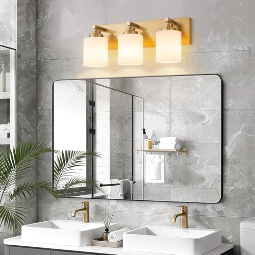 Image of Vanity Lights for Bathroom, 3-Light Brushed Gold Bathroom Vanity Light Over Mirror with Milky White Glass Shades, Modern Bathroom Light Fixtures for Living Room Hallway Cabinet (Bulbs Not Included)