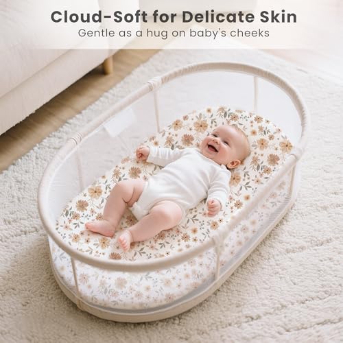 Image of Konssy 3 Pack Stretchy Bassinet Sheets for Baby Girl Boy, Soft Breathable Baby Bassinet Mattress Sheets Fit for Hourglass Oval Cradle, Moses Basket Rectangle Mattress (Flourish)