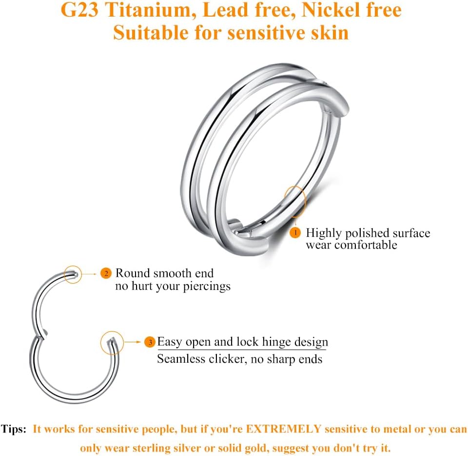 MissNity G23 Titanium Conch Piercing Jewelry Hoops, 16 Gauge Cartilage Earrings for Women Men, Body Implant Grade Nose Rings, Hypoallergenic Hinged Clicker - Image 2