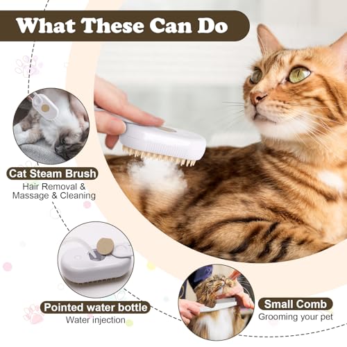 Image of 3-in-1 Cat Steam Brush for Shedding, Massaging & Grooming, Rechargeable, Misty Brush for Cats & Dogs, White, 3 Count