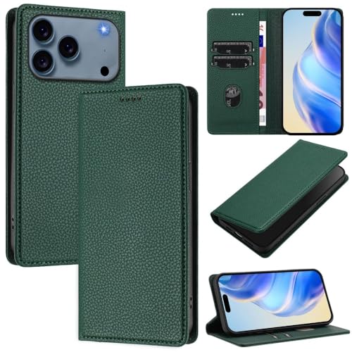 Étui iPhone 17 vert foncé style portefeuille pour sécuriser vos cartes en déplacement