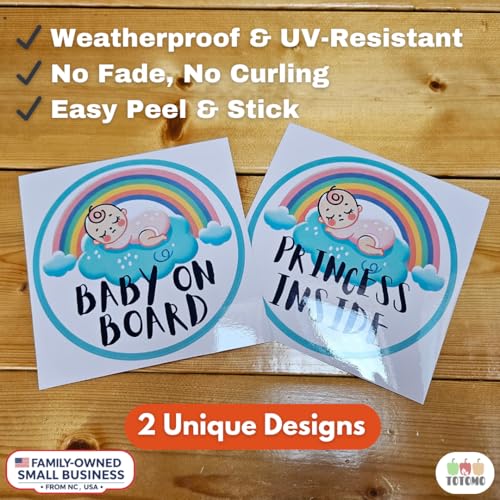 Image of TOTOMO Baby on Board Sticker for Car | Princess Inside Rainbow Sticker - Cute Pastel-Themed Car Decal, Durable Vinyl Safety Sign for Window, Bumper, or Nursery Door - Peel-and-Stick