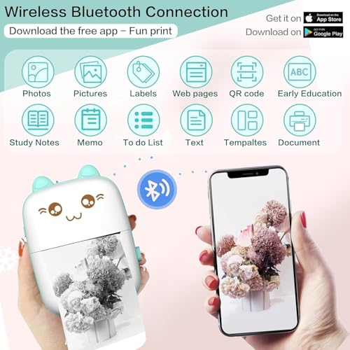 Mini Printer Portable, Inkless Sticker printer with 8 Rolls Paper, Bluetooth Wireless mini thermal printer Compatible with iOS + Android for Journal, Memo, Photo, Print Pod Gifts for Girls Kids