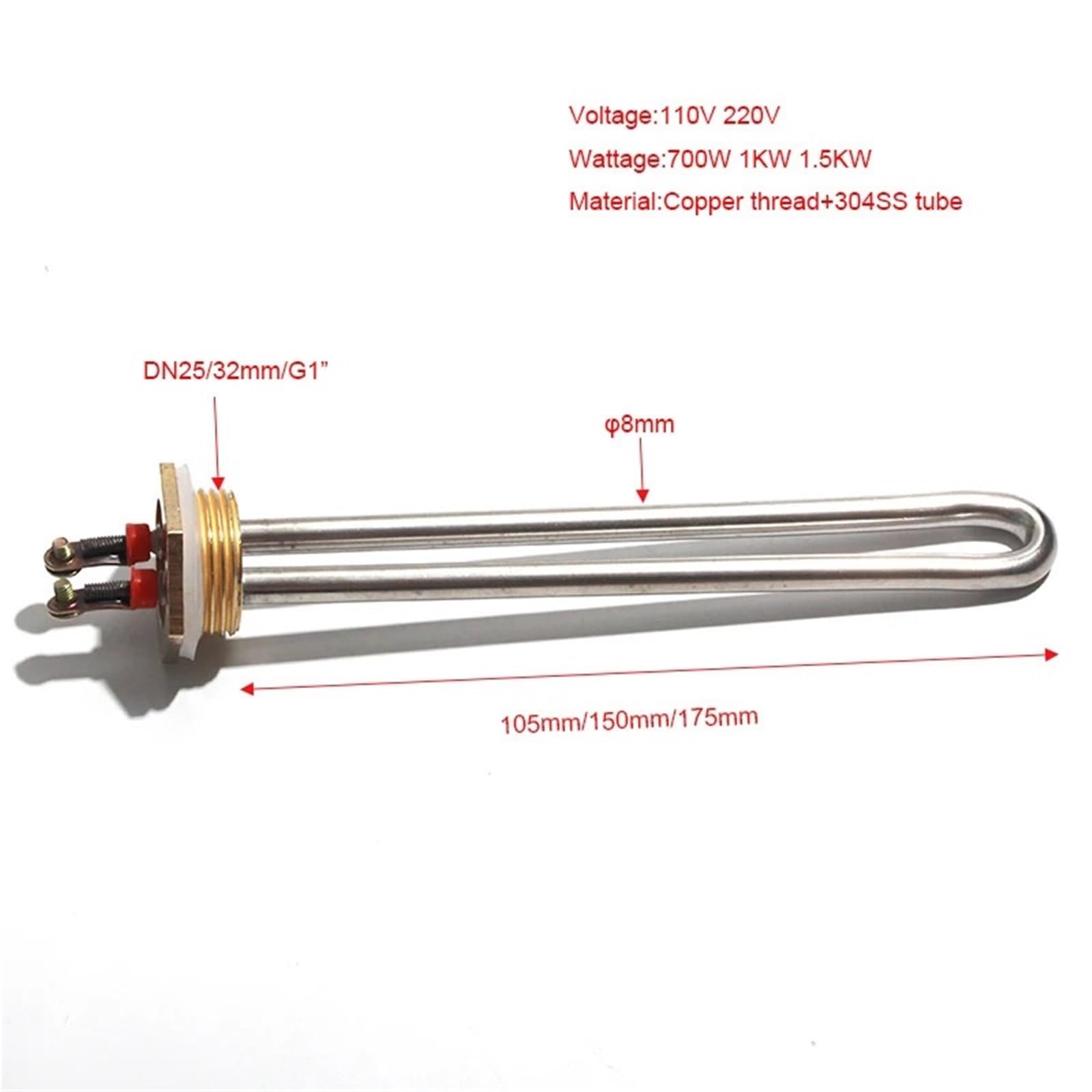 110V/220V Elektrisches Heizelement 32MM G1" Gewinde Widerstandsheizung 700W/1000W/1500W 1St(110V 700W 105mmL)