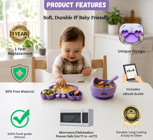Image of JAAIP Silicone Baby Feeding Set - Suction Plate, bib, Fork, Bowl and Spoon for Products 6 to 12 Months Babies Spoons with Plates for Eating (Purple)