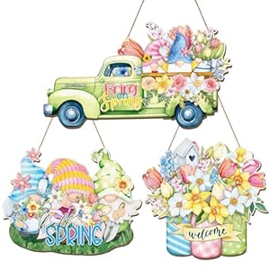 3 Pcs Spring Wreaths for Front Door Decorations Wooden Spring Door Sign Hanging Gnomes Flower Truck Welcome Sign for Front Porch Home Farmhouse DecorationsSpring Flower