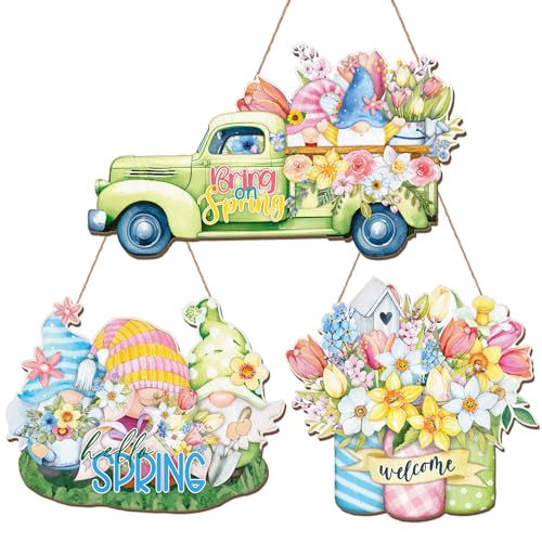 3-Pcs-Spring-Wreaths-for-Front-Door-Decorations-Wooden-Spring-Door-Sign-Hanging-Gnomes-Flower-Truck-Welcome-Sign-for-Front-Porch-Home-Farmhouse-DecorationsSpring-Flower 3 Pcs Spring Wreaths for Front Door Decorations Wooden Spring Door Sign Hanging Gnomes Flower Truck Welcome Sign for Front Porch Home Farmhouse DecorationsSpring Flower