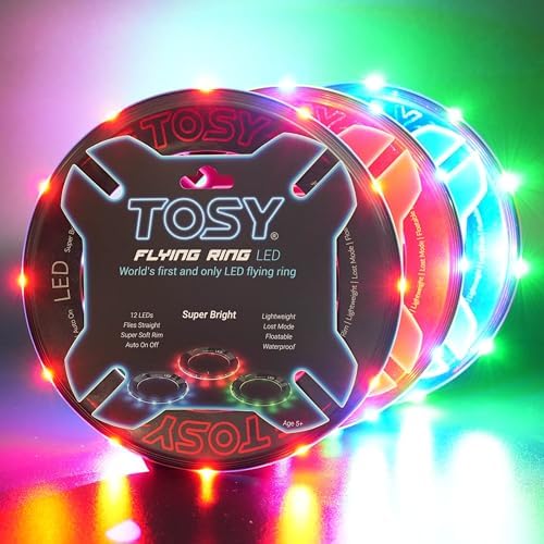TOSY Flying Ring - 12 Monocolor LEDs, Super Bright, Lost Mode, Auto Light Up, Camping Essentials for Kid/Teen/Boy/Girl, Safe & Soft, Waterproof, Pool/Beach Games, Lightweight Toy, 3-Pack