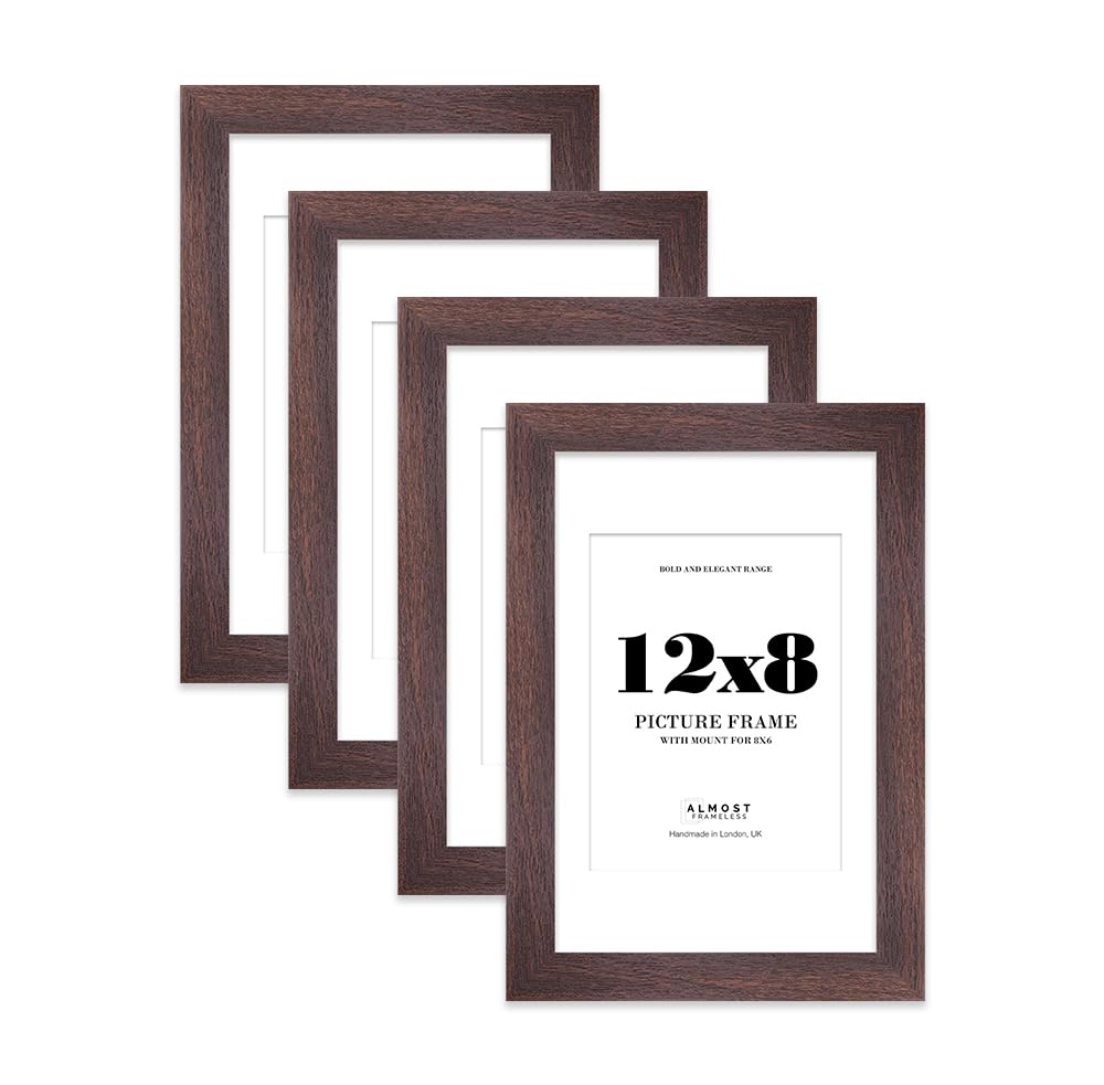 12x8" Walnut Frame With Mount for 8x6" Pictures 28mm Edge Portrait and Landscape Display with Wall Hooks and Kickstand, 4 Pack