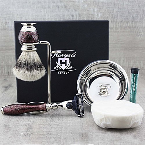 Haryali London Maroon Antique Design - Set da barba da uomo, 3 Edge, rasoio, pennello da rasatura, ciotola da rasatura, sapone da barba, supporto per rasoio e penna d'alia