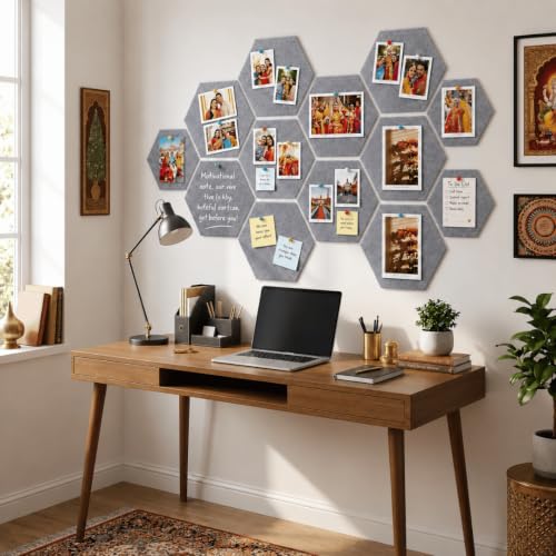 Image of Quiet Canvas Hexagon Pinboard, 1x1 ft, Pack of 8, 50 PushPins, (Grey)