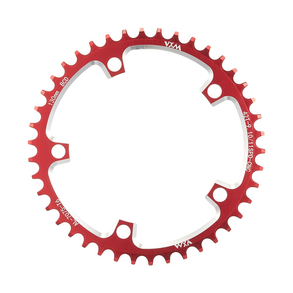 KTKEET 110/130BCD Chainring 36/38/40/42/44/46/48/50/52/54/56/58/60T Round Narrow Wide Chainring 5 Bolts Bicycle Chainwheel for 8-12 Speed Road Bike Folding Bicycle (Red,130BCD 42T)