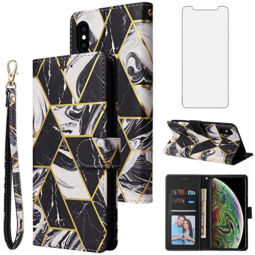 Étui portefeuille iPhone Xs Max noir avec protège-écran verre trempé