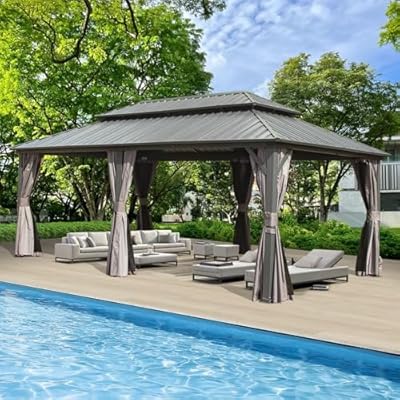 Domi Hardtop Gazebo 12x18FT, Aluminum Metal Gazebo with Galvanized Steel Double Roof Canopy, Curtain and Netting, Permanent Gazebo Pavilion for Patio, Backyard, Deck and Lawn, Grey