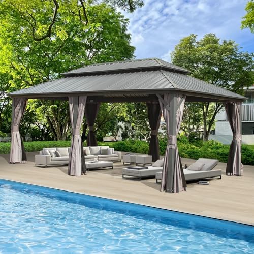 Domi Hardtop Gazebo 12x18FT, Aluminum Metal Gazebo with Galvanized Steel Double Roof Canopy, Curtain and Netting, Permanent Gazebo Pavilion for Patio, Backyard, Deck and Lawn, Grey