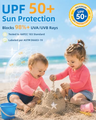 Image of 6M-5T 3-Pack Baby Toddler Rash Guard Swim Shirts UPF 50+ Boys Girls | Quick-dry 4-way stretch UV sun protection tops; moisture-wicking tagless comfort for beach, pool, splash pad and summer play