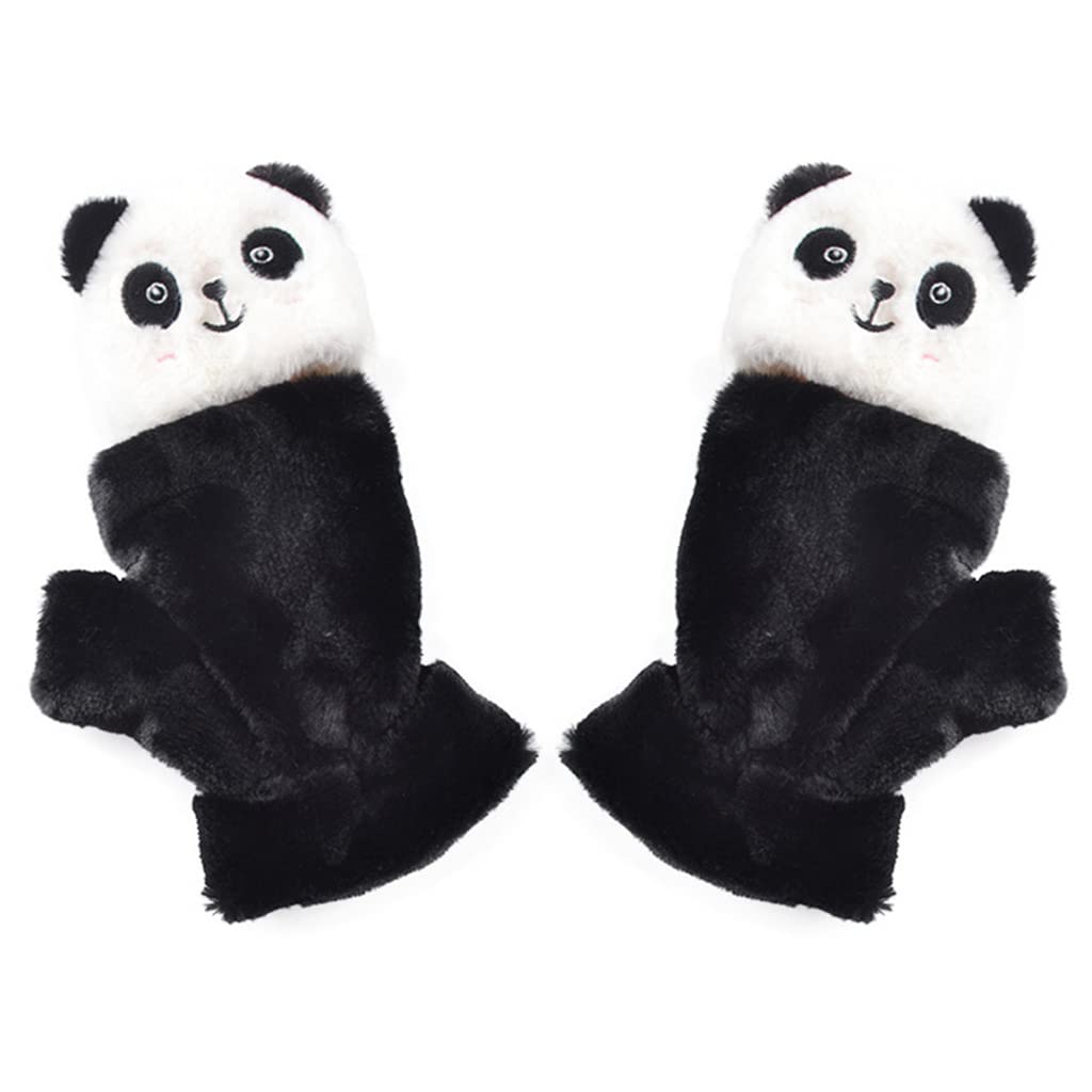 Cartoon Plush Panda Half Finger Gloves With Winter Warm Gloves Stretchy Animal Mitten Elastic Warm Mittens