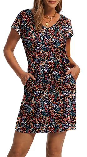 Image of OFEEFAN Summer Dresses for Women 2026 V Neck T Shirt Casual Mini Dresses Tie Waist Sundresses with Pockets