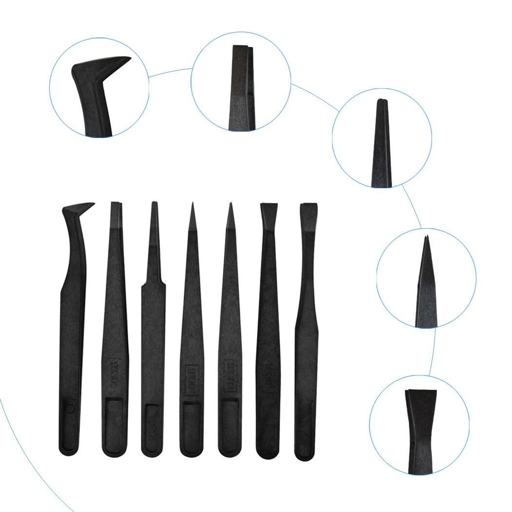 Plastic Anti-Static Tweezers, Precision Flat Tip For Jewelry Craft DIY Beauty Electronics Repair Tool Black 3 Pcs