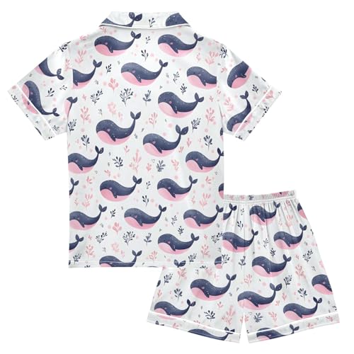 Cute Charming Whale Pattern Summer Satin Pajama Set, Cute Button-Down Sleepwear Pj Set for Sleep Wears2
