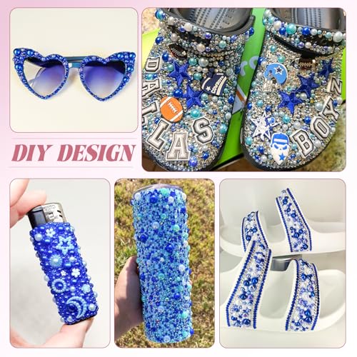 80g Flatback Pearls and Rhinestones for Crafting, Dark Blue Mixed Size 3-10mm Resin Rhinestones and Half Pearls for Bedazzling, Nail Art and Decoration with Tweezer and Pickup Pencil