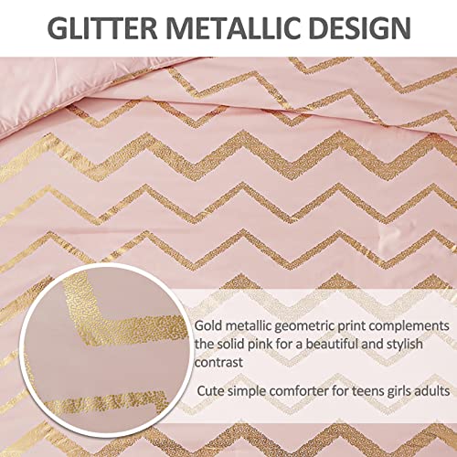 Pink Comforter Set Queen Size, Metallic Blush And Rose Gold Bedding Set, 4 Piece Lightweight Microfiber Comforter For Teen Girls Women (2 Pillow Shams + 1 Decorative Pillow Sham) #TOP4